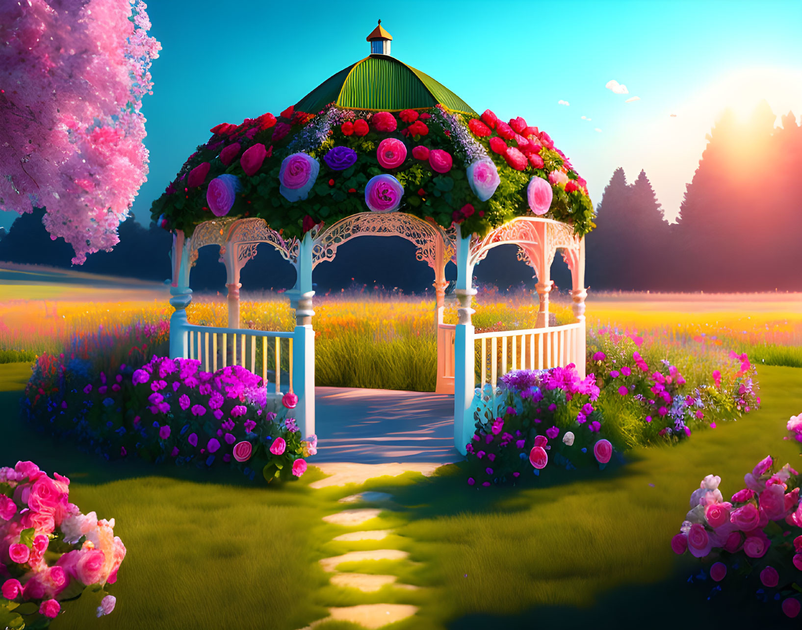 Vibrant roses and lush flowers in a serene sunset setting