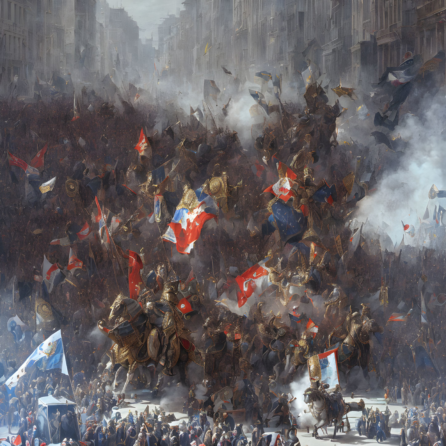 Historical battle scene featuring cavalry and infantry in smoke with flags and weapons