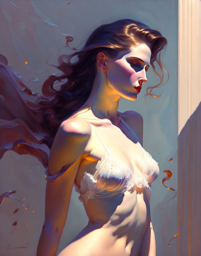 Digital painting of woman in profile with sunlit backdrop and white lingerie.