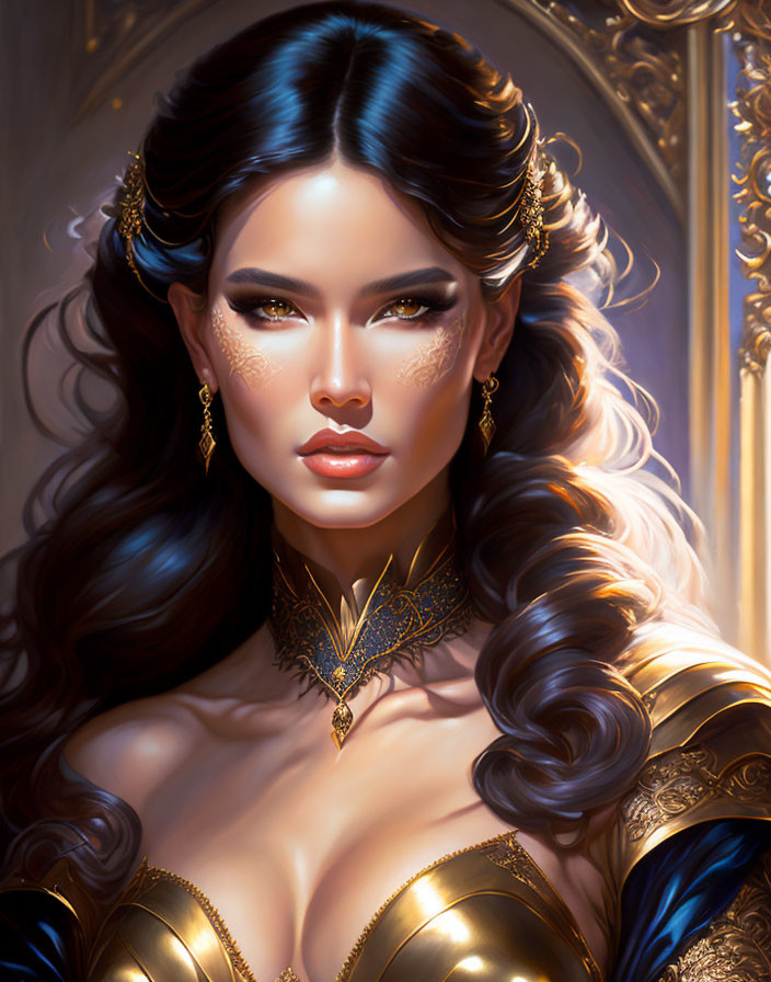 Detailed digital artwork: woman with dark hair, gold jewelry, and intricate armor in fantasy/renaissance