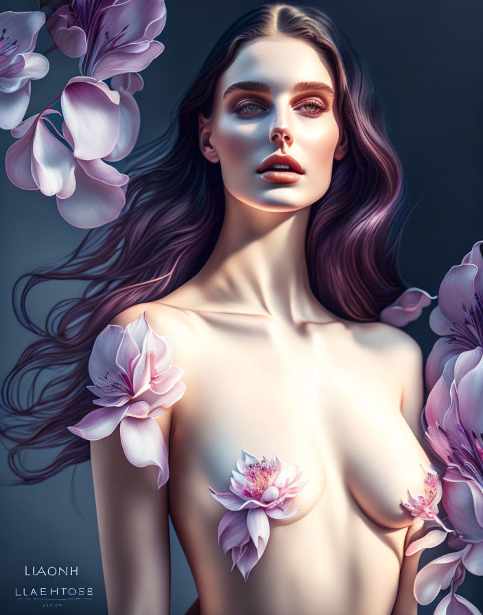 Surreal digital artwork: Woman with flowing hair and flowers in purple and pink shades