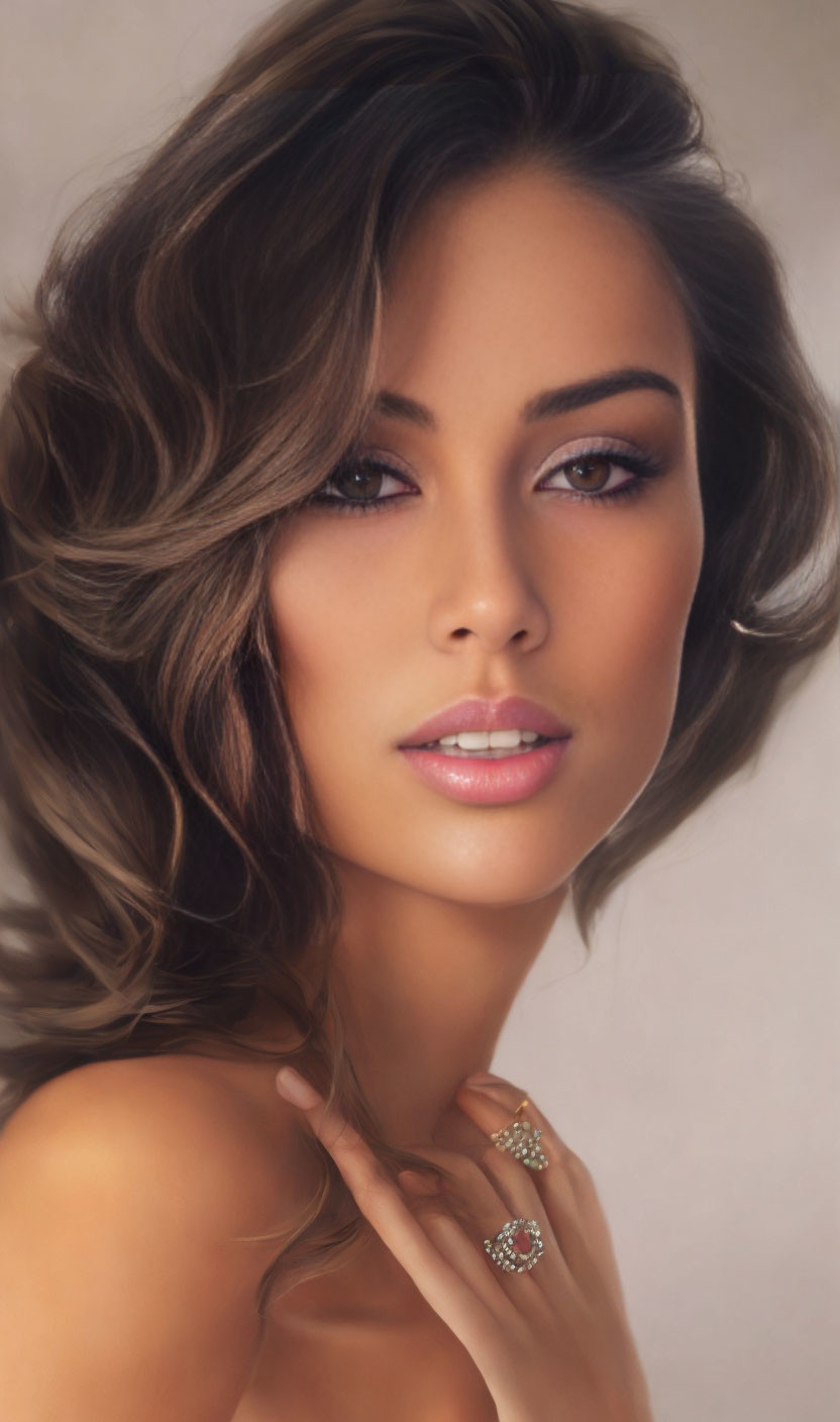 Serene woman portrait with wavy hair and delicate necklace