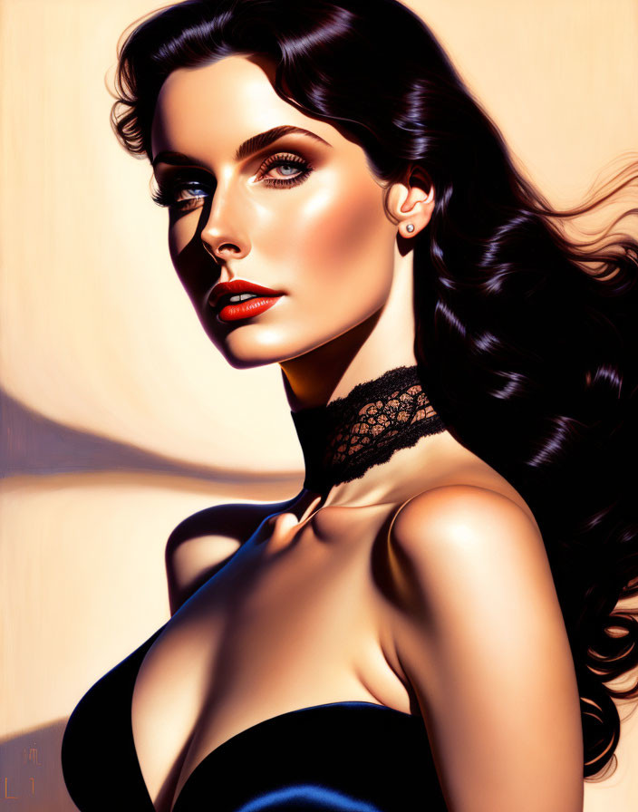 Dark-haired woman with blue eyes in digital portrait wearing black choker and strapless top