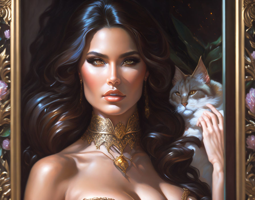 Portrait of woman with long dark hair, gold jewelry, holding light cat, elegant floral background