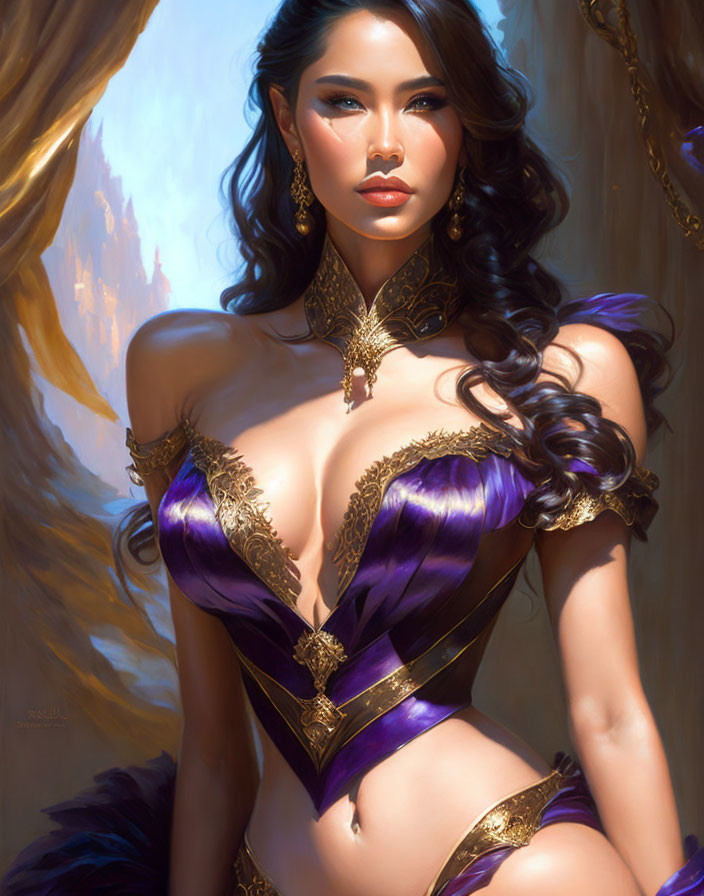 Glamorous woman in purple and gold outfit with elegant jewelry