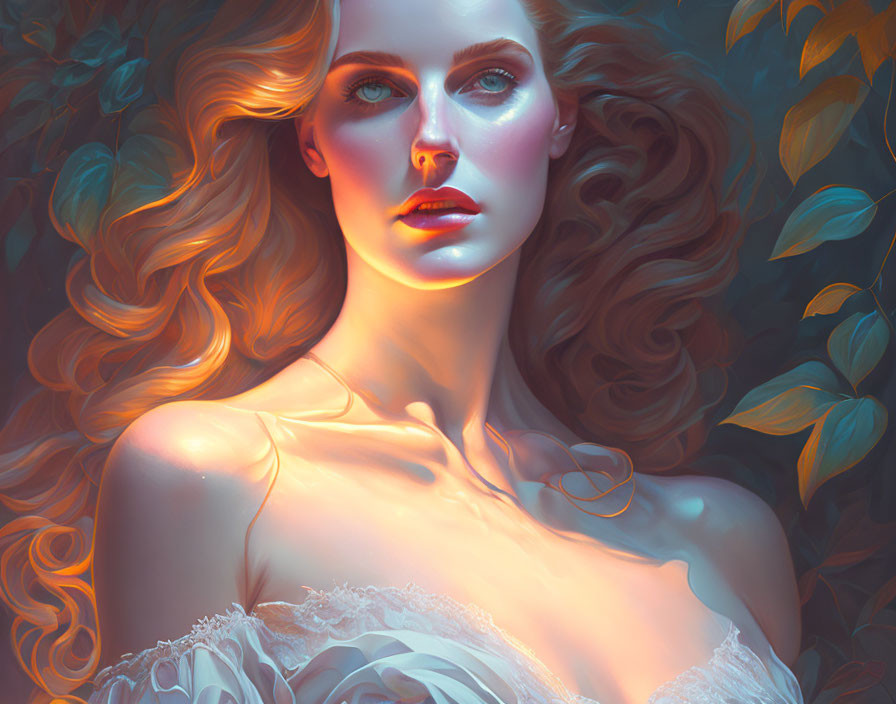 Illustration of woman with flowing hair and ethereal glow in moody, blue-tinged ambiance