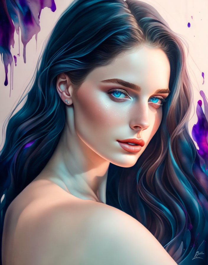 Illustration of woman with blue wavy hair against purple and blue backdrop