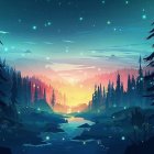 Snowy Forest Night Scene with Colorful Aurora Borealis