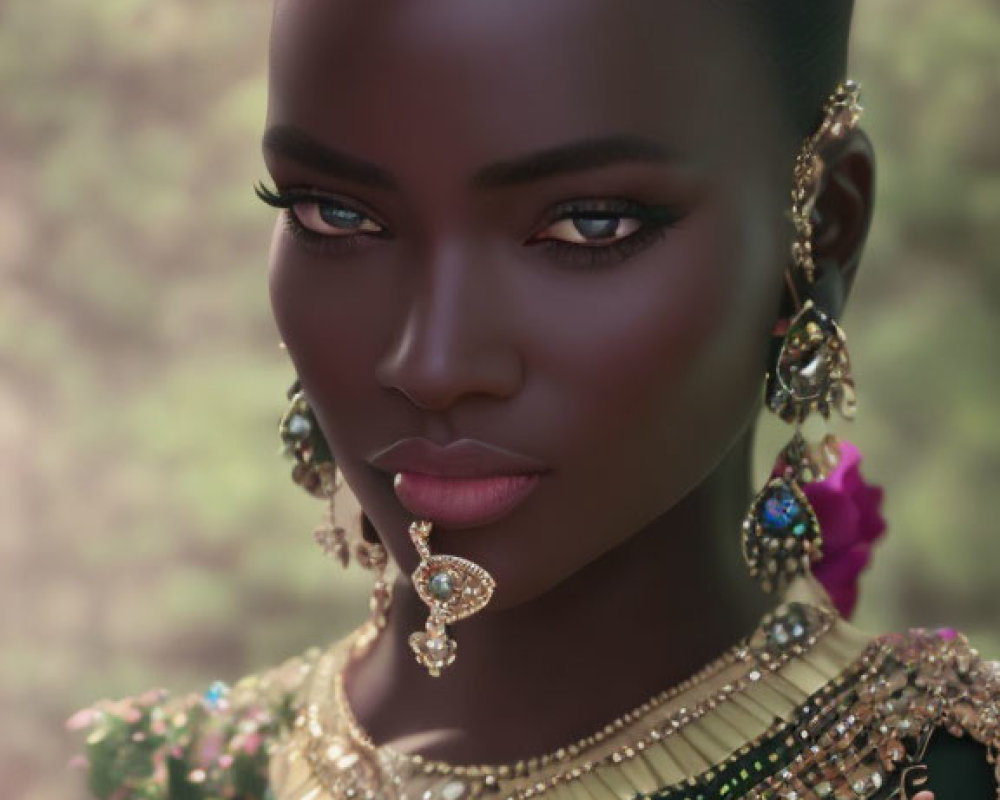 Portrait of woman with striking eyes, smooth complexion, and ornate gold jewelry against pink blossom background.