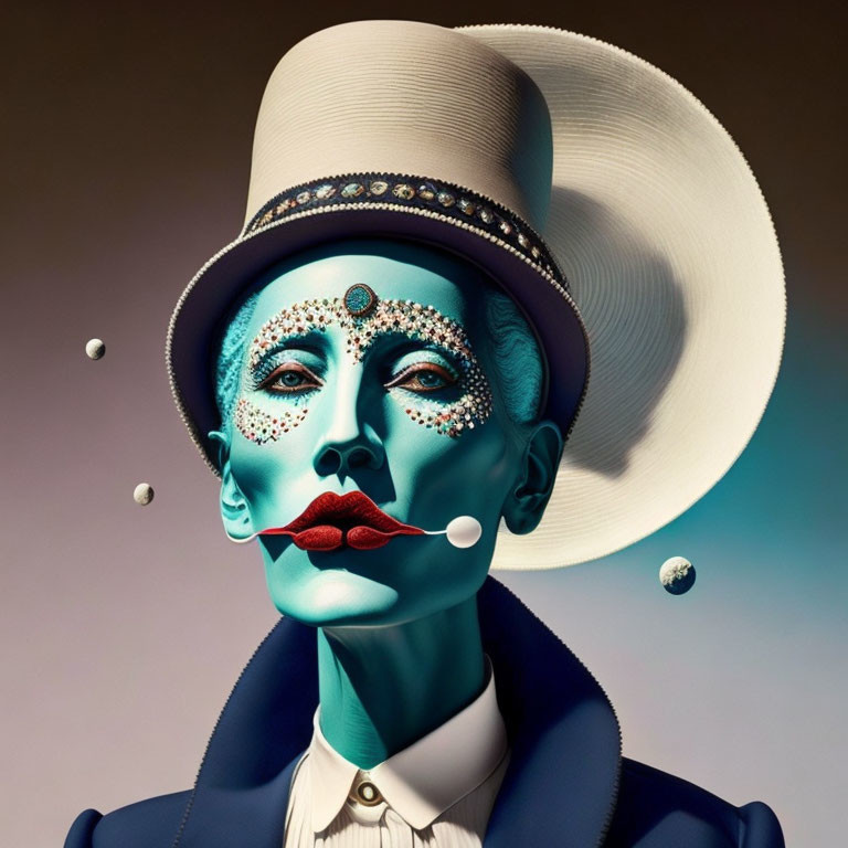 Portrait of Person with Blue Skin and White Makeup, Wearing Top Hat and Pearls