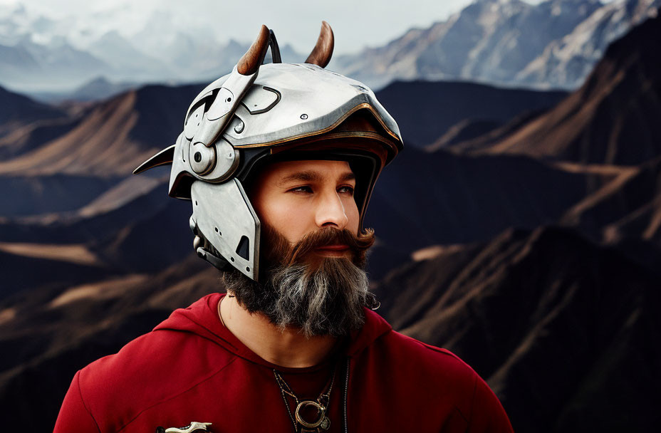 Bearded man in bull-horned helmet against mountainous scenery