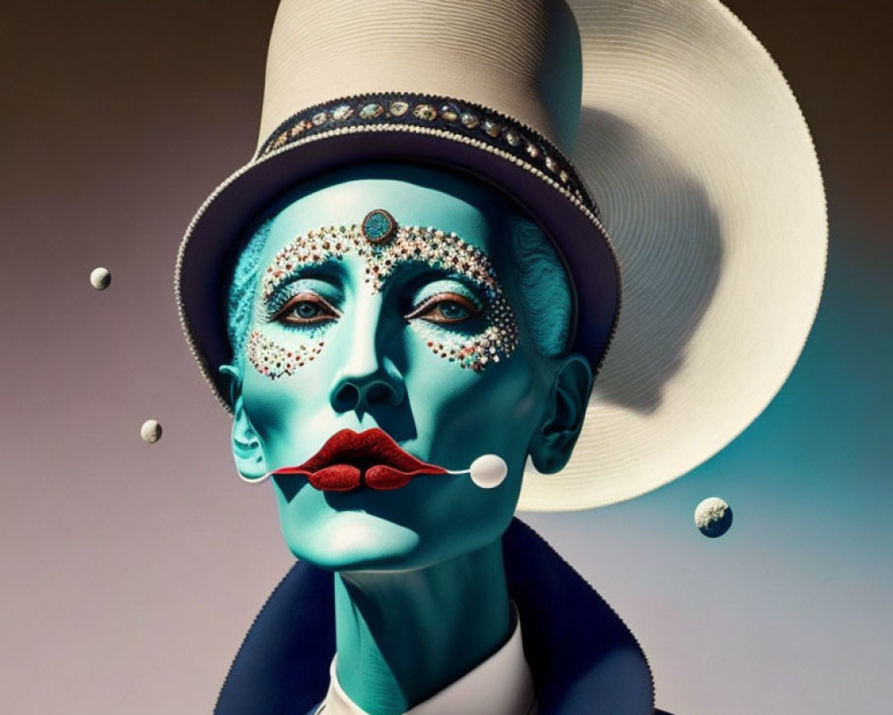 Portrait of Person with Blue Skin and White Makeup, Wearing Top Hat and Pearls