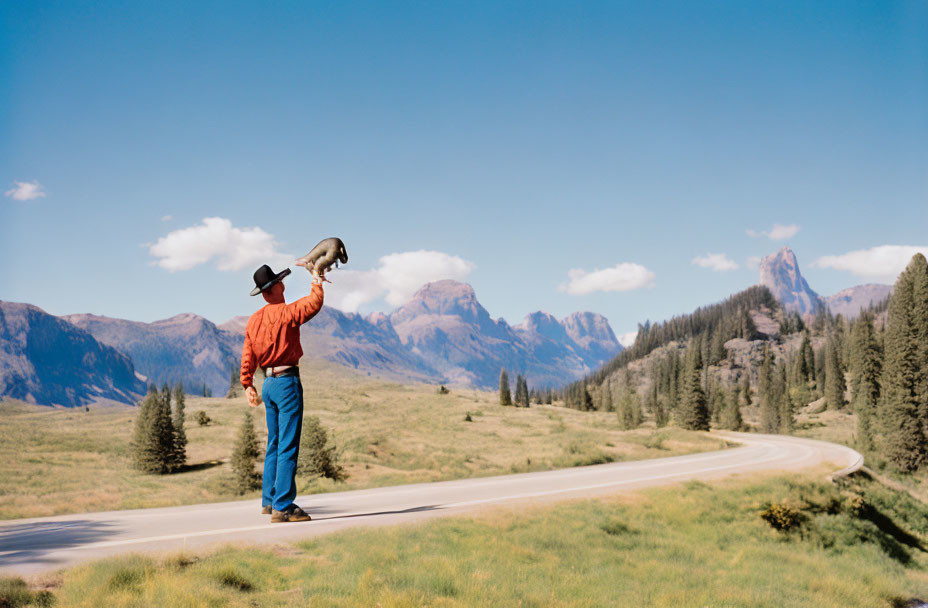 Cowboy hat person gazes at mountains on winding road in grassy landscape