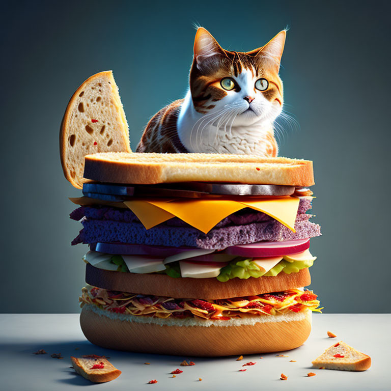 Cat sitting on layered sandwich with various fillings on wooden board