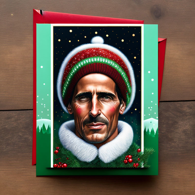 Festive holiday greeting card with illustrated man in green and red outfit