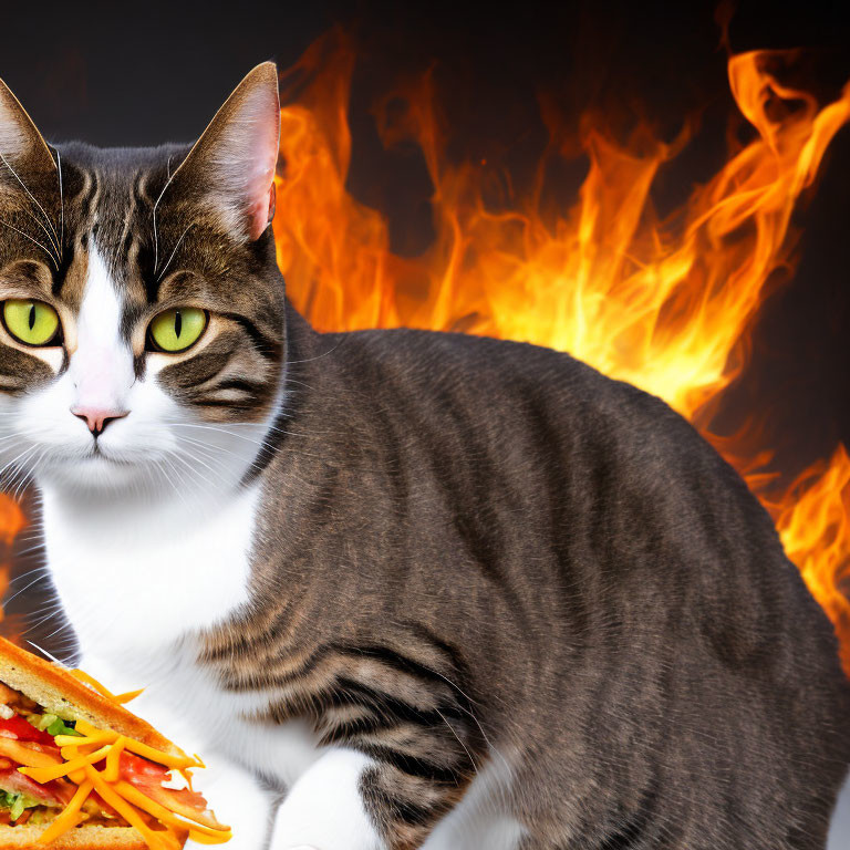 Tabby Cat with Green Eyes Beside Taco on Fire Background