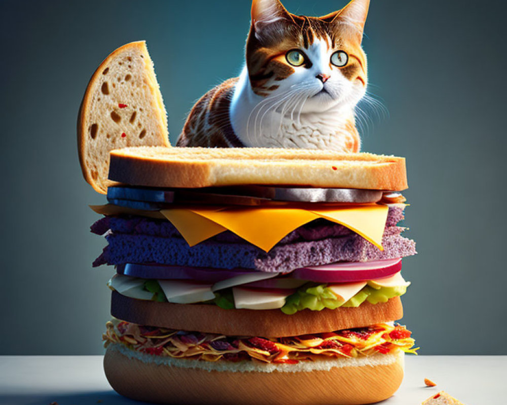 Cat sitting on layered sandwich with various fillings on wooden board