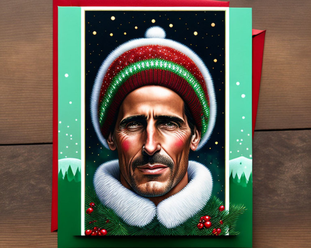 Festive holiday greeting card with illustrated man in green and red outfit