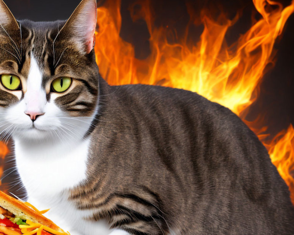 Tabby Cat with Green Eyes Beside Taco on Fire Background