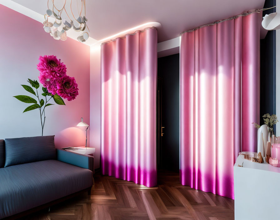 Contemporary Living Room with Pink Glowing Curtains and Flower Print Walls