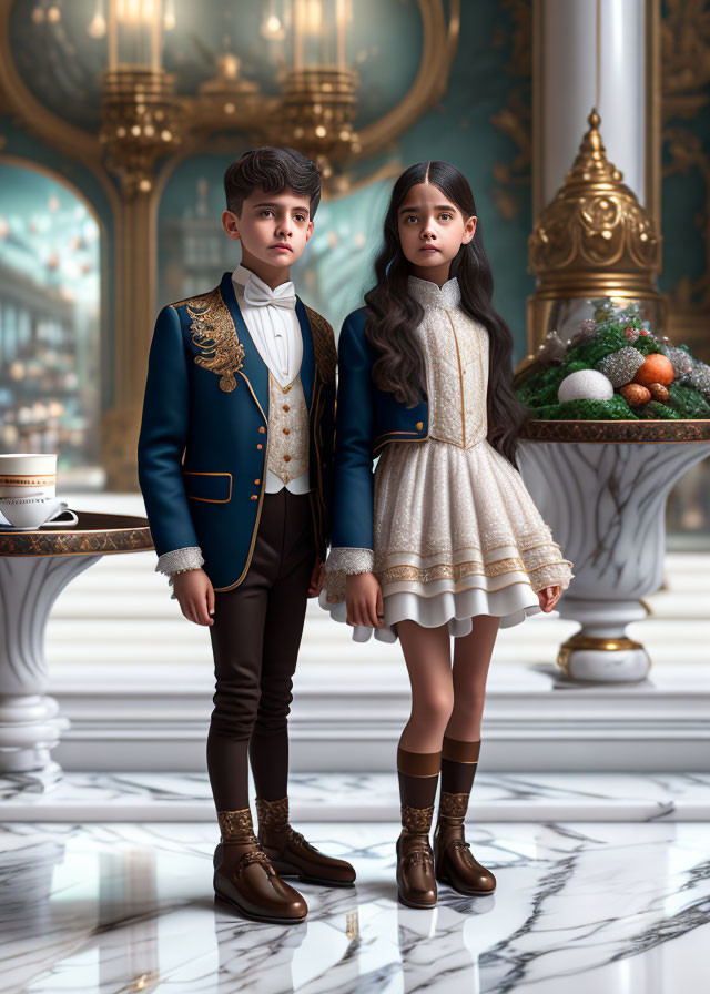 Children in formal attire in elegant room with fruit bowl and ornate pillars.