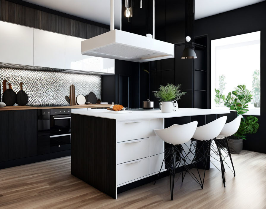 Contemporary kitchen with black cabinets, white countertops, central island, white chairs, pendant lights, and