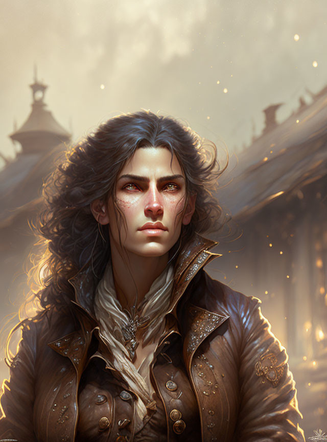 Fantasy character with flowing hair in leather jacket against temple backdrop