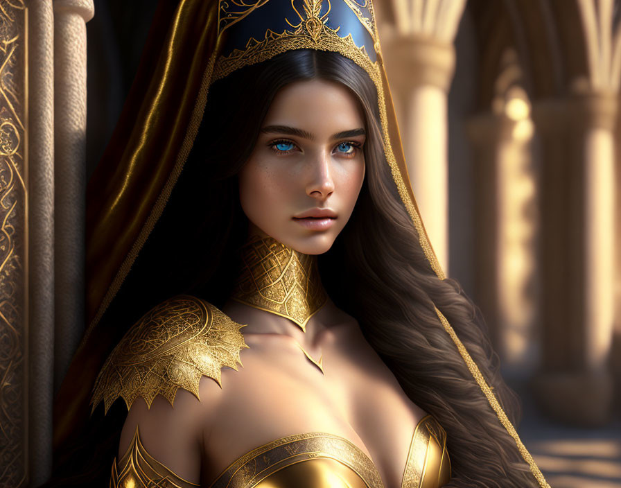 Regal woman in golden crown and armor poses in sunlit gothic corridor