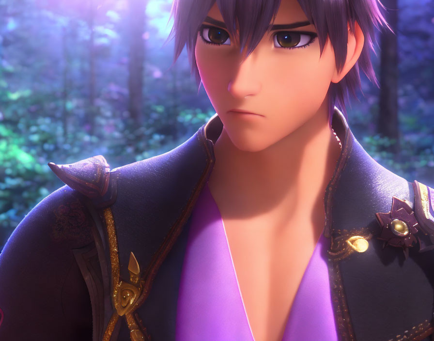 Animated male character with spiky hair in purple outfit in forest setting