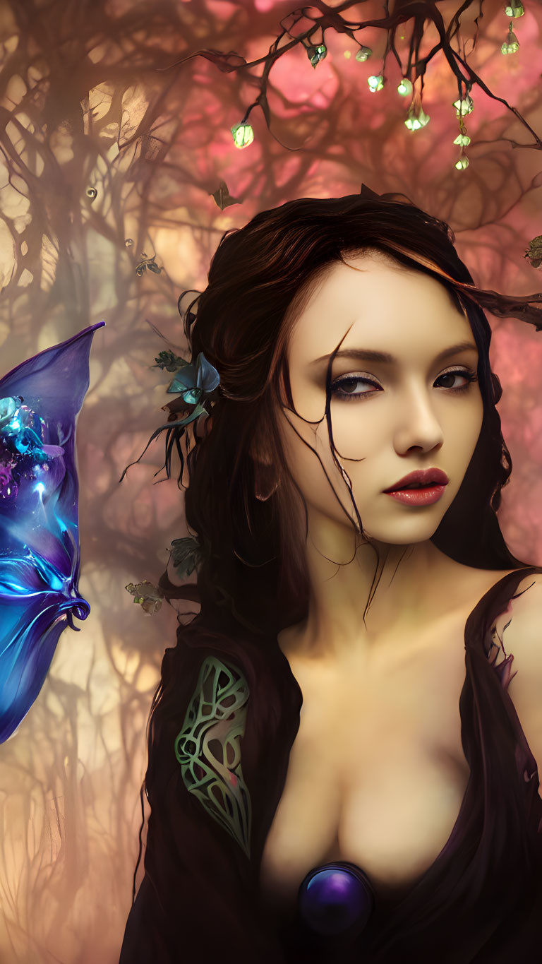 Fantasy portrait of a woman with a mystical butterfly in warm tones and enchanting forest background