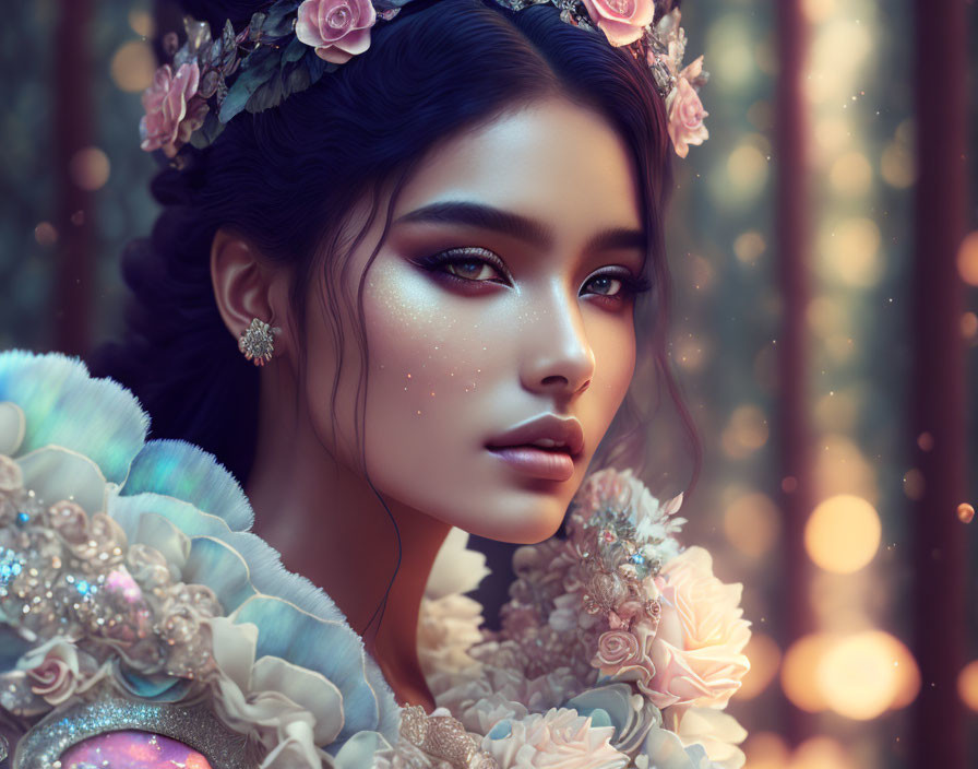 Woman portrait with floral adornments, sparkling makeup, ornate garment, bokeh light background