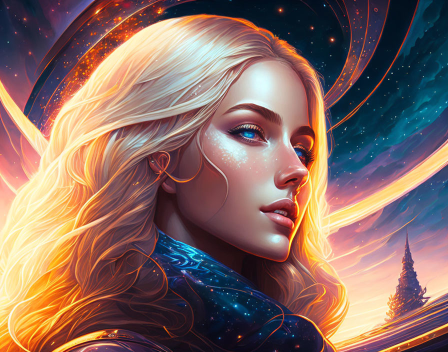 Blond-haired woman in cosmic setting with warm hues