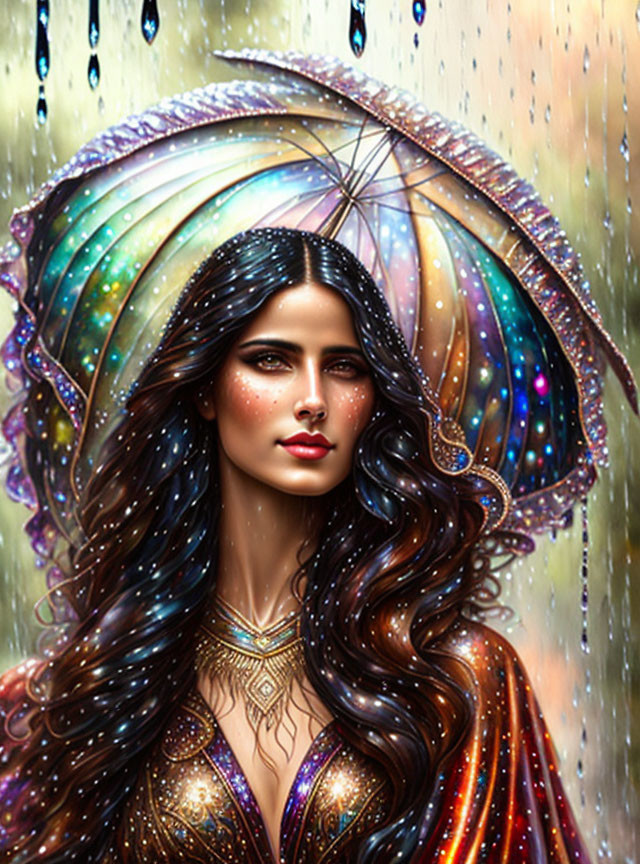 Woman with Voluminous Wavy Hair Holding Colorful Umbrella in Rainy Scene