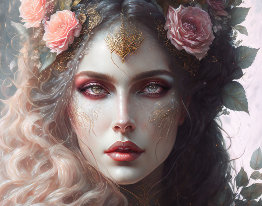 Fantasy portrait of woman with wavy hair and floral crown