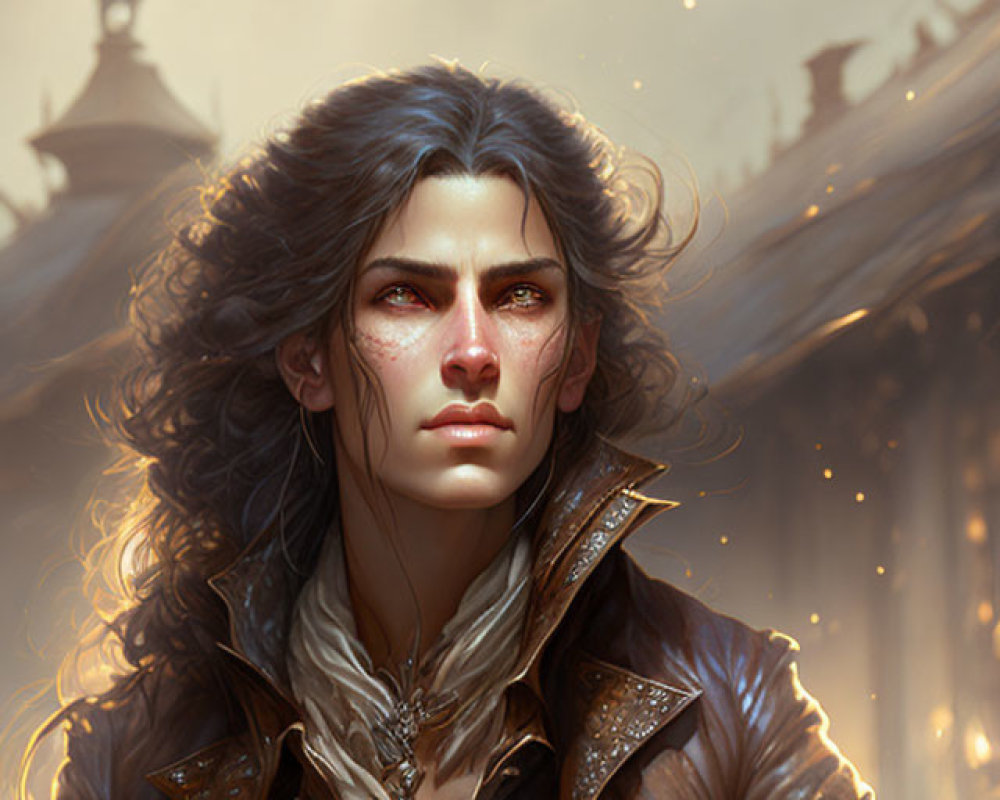 Fantasy character with flowing hair in leather jacket against temple backdrop