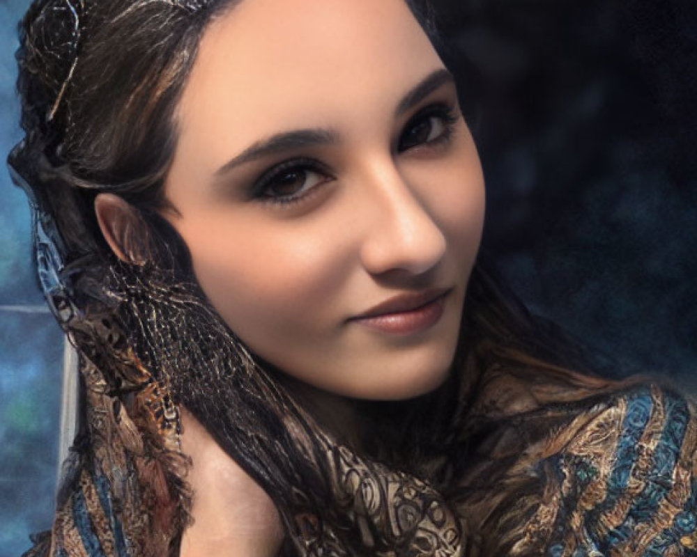 Portrait of a person with ornate headdress and textured shawl smiling gently