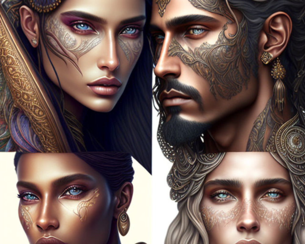 Three individuals with intricate facial tattoos and ornate gold jewelry on a subtle backdrop