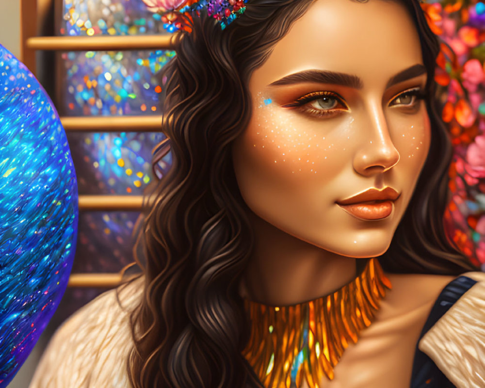 Vibrant digital portrait with glittering makeup and colorful flowers