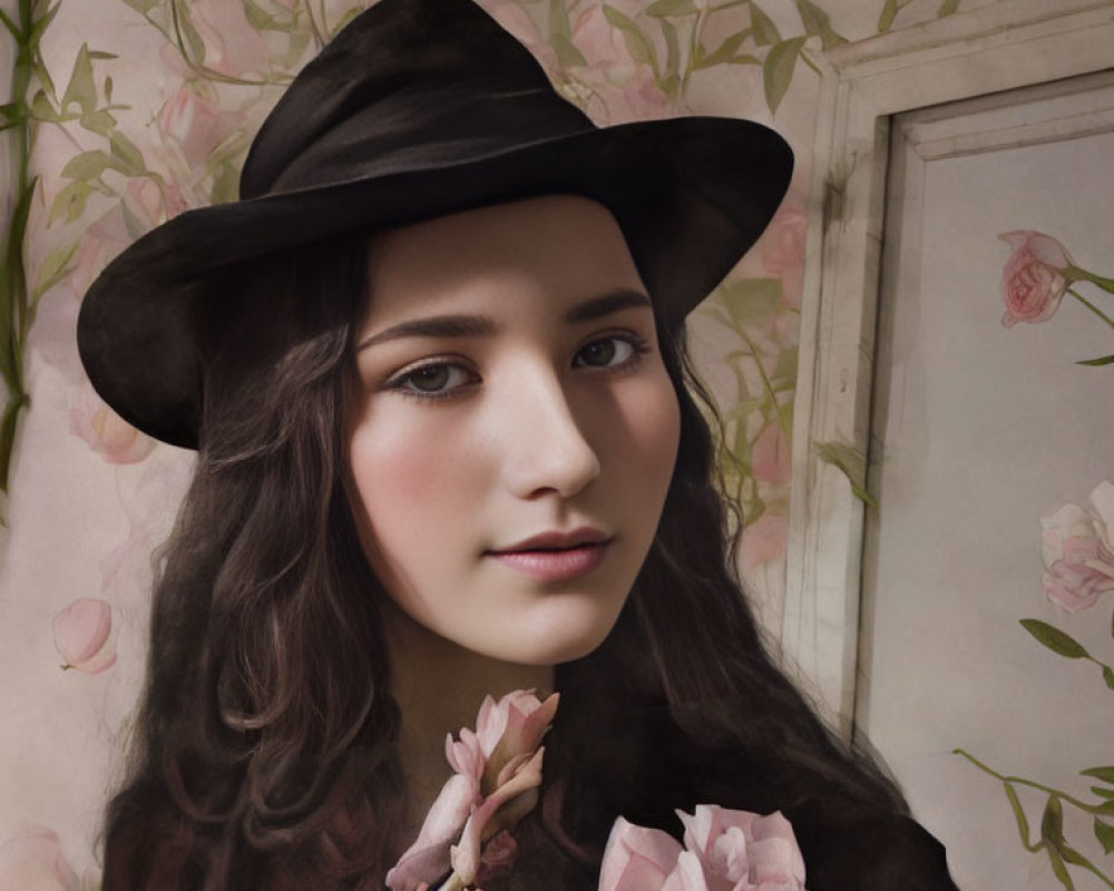 Woman in Black Hat and Coat on Floral Background: Classic and Contemporary Merge