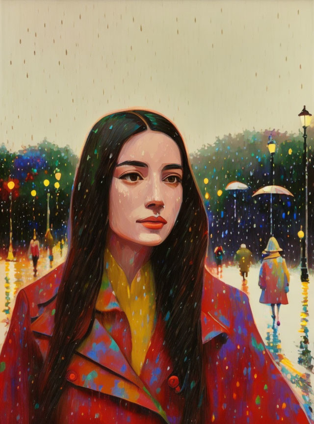 Pensive woman in colorful coat on rainy boulevard with distant figures