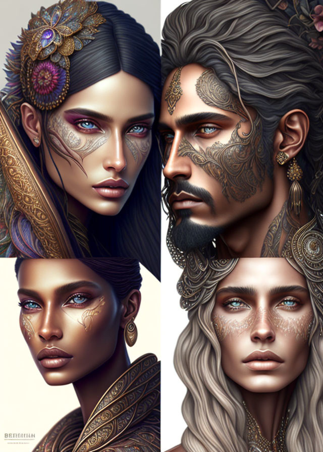 Three individuals with intricate facial tattoos and ornate gold jewelry on a subtle backdrop