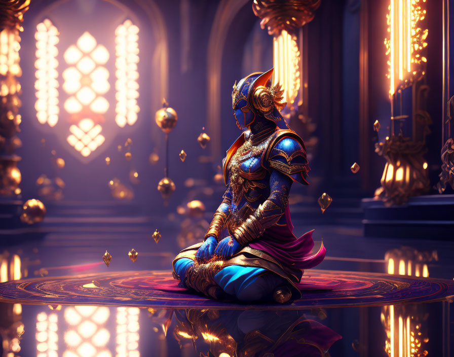 Ornate blue-armored warrior meditating in grand hall