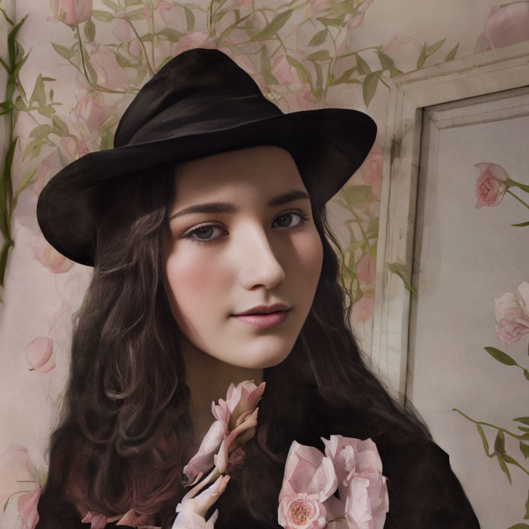 Woman in Black Hat and Coat on Floral Background: Classic and Contemporary Merge