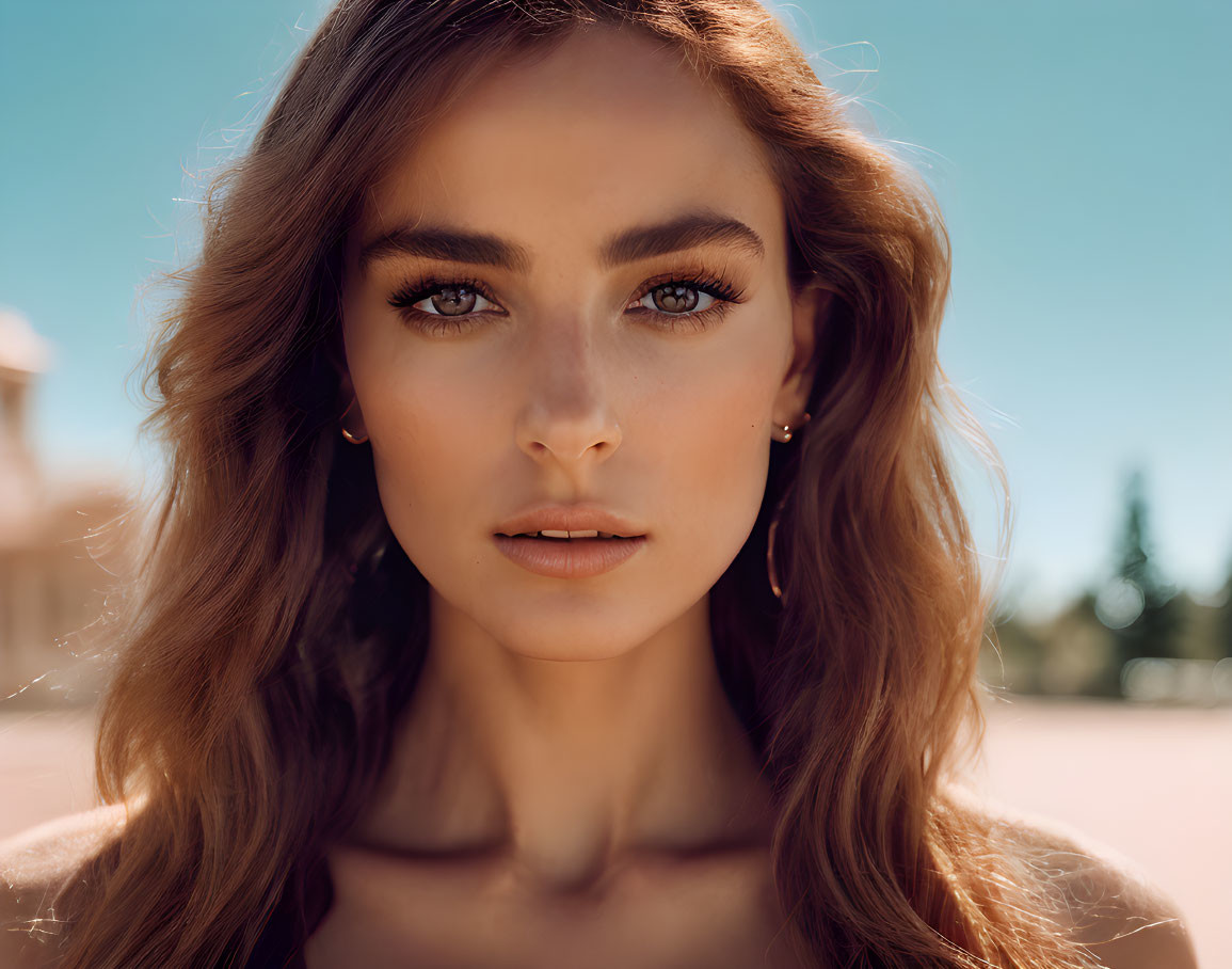 Woman with Brown Hair and Light Makeup Outdoors Under Blue Sky