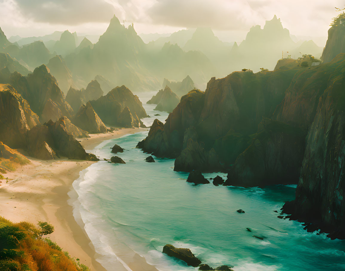 Misty coastal landscape with mountains, turquoise waters, sandy shores, and cliffs in warm sunlight