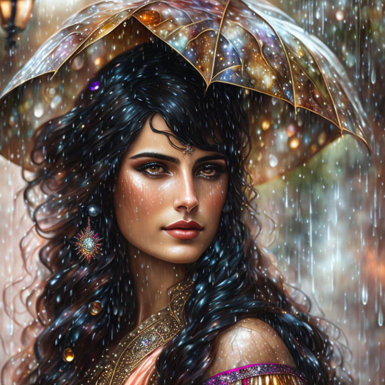 Digital artwork: Woman with dark hair and brown eyes holding translucent umbrella in gentle rain.