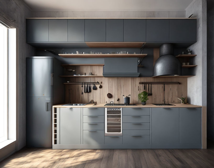 Modern Kitchen with Gray Cabinetry, Wooden Accents, Stainless Steel Appliances, and Organized Utens