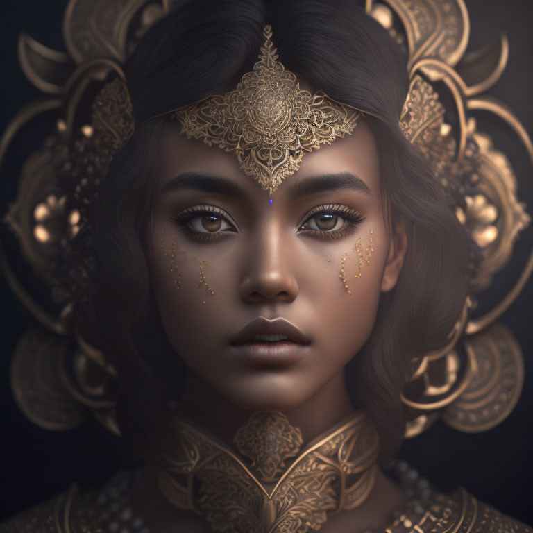 Intricate digital portrait of woman with golden headdress and jewelry