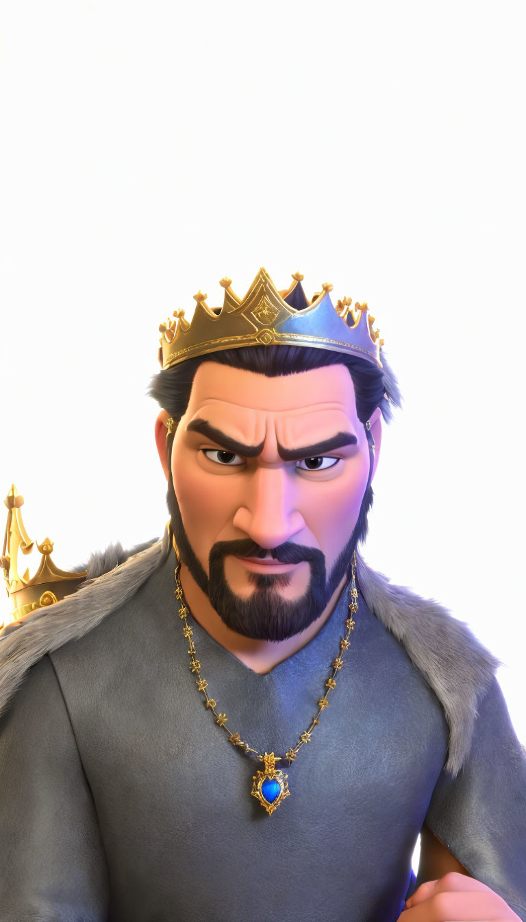 Regal animated king with stern expression and crown in grey tunic