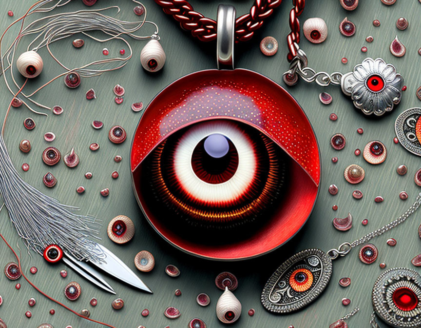 Detailed surreal red eye surrounded by eye-themed trinkets and feathers on textured background